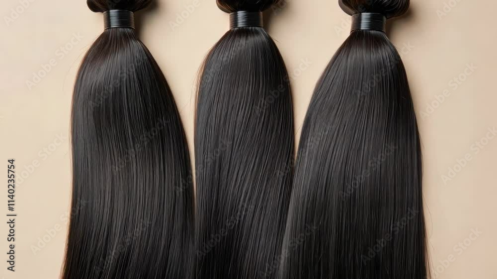 Three long black hair extensions are displayed on a tan background