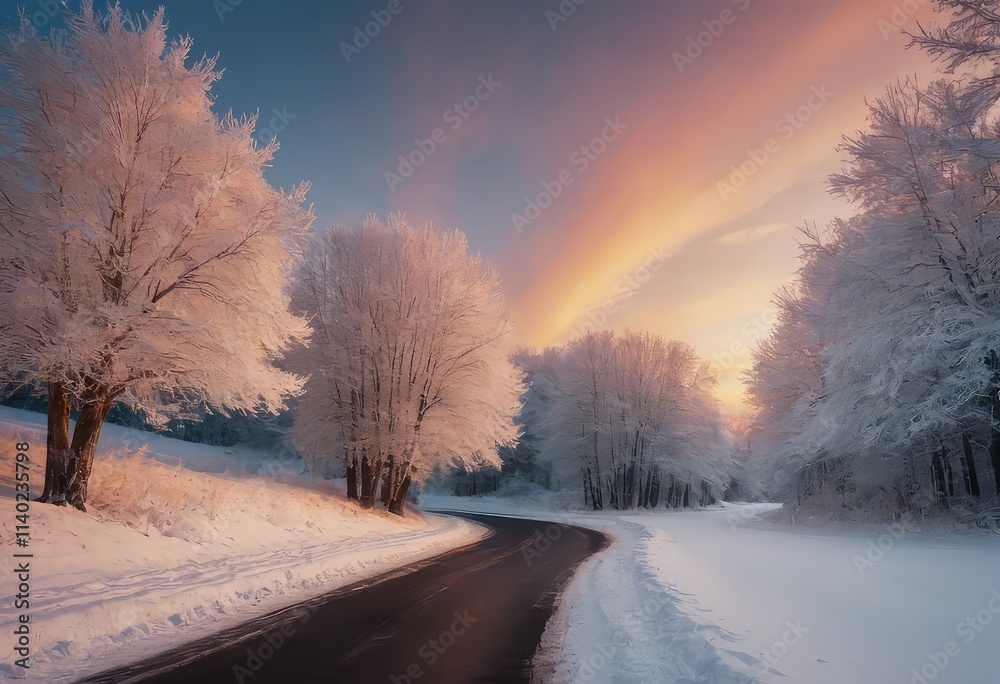 A picturesque snowy road featuring trees lining both sides of it