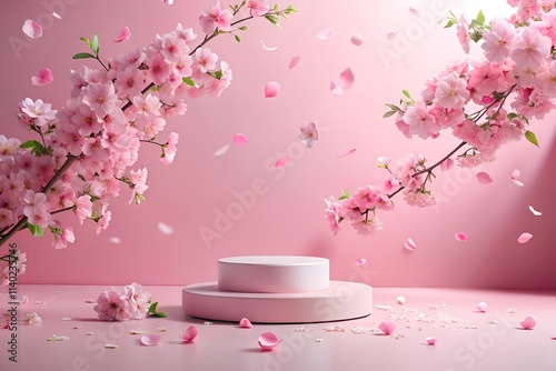 3D background, pink podium display. Sakura pink flower falling. Cosmetic or b...