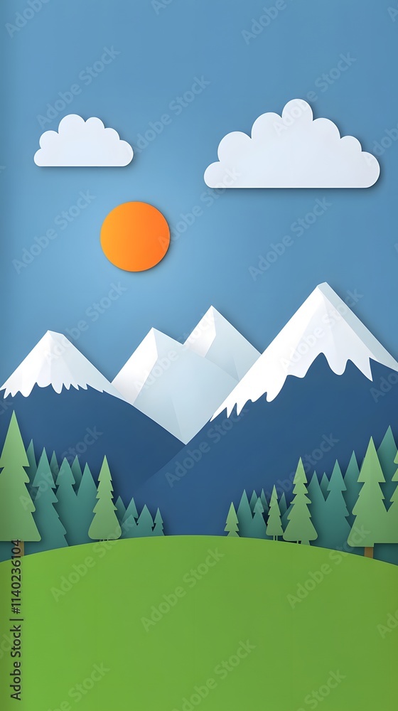 A simple vector graphic of mountains, clouds and trees in the foreground with blue sky in background, simple shapes, paper cutout style, green grass field in front of the mountain range A simple vector graphic of mountains, clouds and trees in the foreground with blue sky in background, simple shapes, paper cutout style, green grass field in front of the mountain range