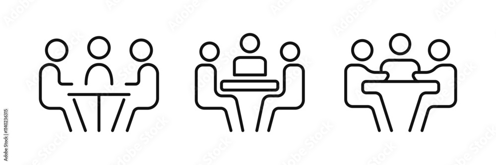 Three people sitting on meeting room icon set. Meeting room, discussion, business conference, support group outline icon. Vector editable stroke Three people sitting on meeting room icon set. Meeting room, discussion, business conference, support group outline icon. Vector editable stroke