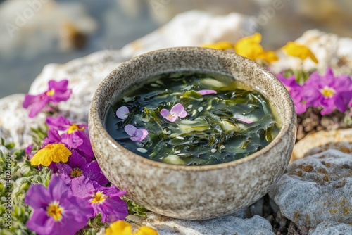 Recipe for Miyeokguk a hot and healthy Korean soup made with beef and Wakame seaweed featuring ethnic floral accents Traditional Korean cuisine s seafood trend photo