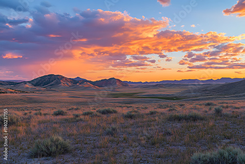 Vibrant Sunset Over a Vast Desert Landscape with Silhouettes of Cactus. photo