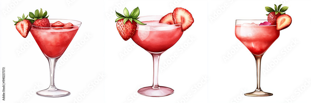 watercolor Delight in refreshing strawberry daiquiris, featuring vibrant strawberry slices and luscious pink hue, perfect for summer gatherings watercolor Delight in refreshing strawberry daiquiris, featuring vibrant strawberry slices and luscious pink hue, perfect for summer gatherings