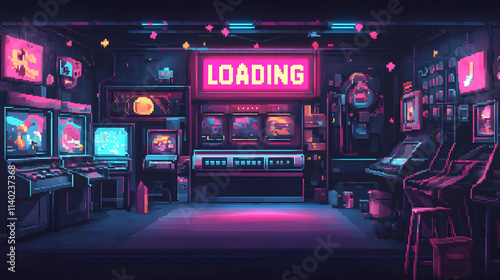Retro Arcade Pixel Art Neon Night Loading Scene photo