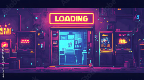 Retro Cyberpunk Alleyway Loading Screen Pixel Art