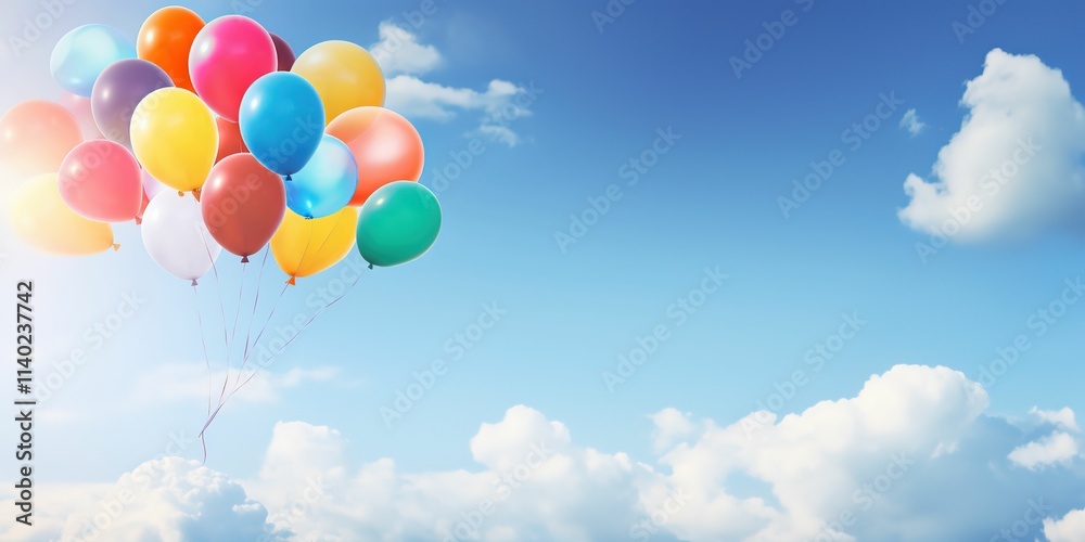 A bunch of colorful balloons floating in the sky, with ample copy space for text. A bunch of colorful balloons floating in the sky, with ample copy space for text.