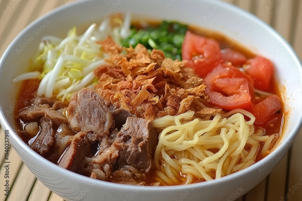 Soto mie is an Indonesian noodle dish with spiced broth featuring noodles rice vermicelli cabbage tomatoes beef tendons and feet tripe and risoles Soto mie is an Indonesian noodle dish with spiced broth featuring noodles rice vermicelli cabbage tomatoes beef tendons and feet tripe and risoles