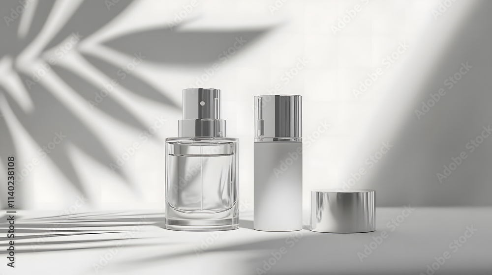 Elegant Perfume and Cosmetic Bottles Mockup with Tropical Leaf Shadow Elegant Perfume and Cosmetic Bottles Mockup with Tropical Leaf Shadow