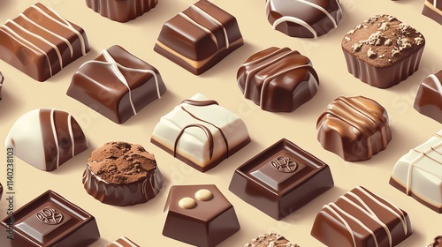 A flat lay of assorted chocolate candies on a tan background.