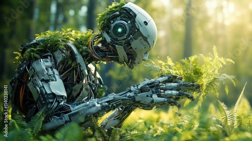 Bio-Integrated Robot Exploring Nature: A Futuristic Harmony of Technology and Ecology in a Lush Green Forest photo