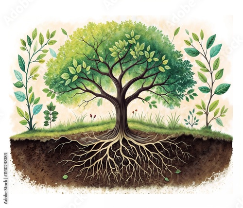 Detailed illustration of a tree with roots and surrounding plants showcasing growth and nature