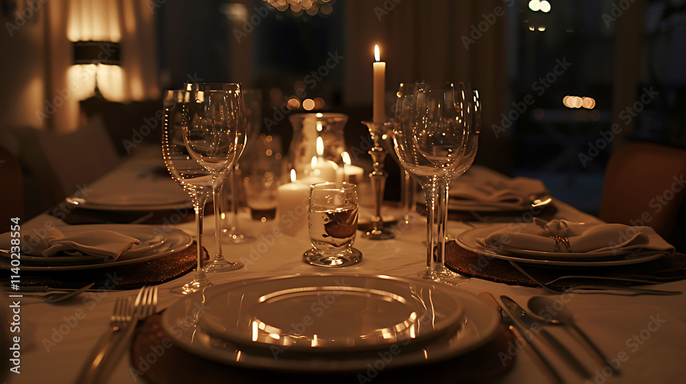 A table set for New Yeara??s dinner with sparkling cutlery and glassware under warm lighting, A table set for New Yeara??s dinner with sparkling cutlery and glassware under warm lighting,