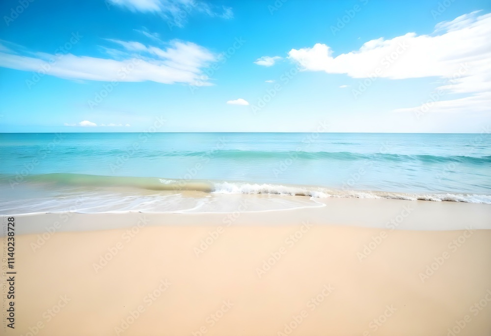 A serene beach with golden sand, calm turquoise waters, and a clear blue sky with wispy clouds A serene beach with golden sand, calm turquoise waters, and a clear blue sky with wispy clouds