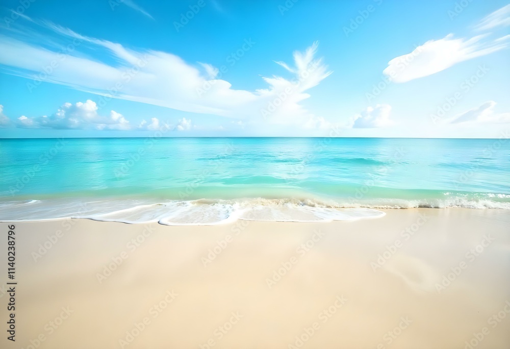 A serene beach with golden sand, calm turquoise waters, and a clear blue sky with wispy clouds A serene beach with golden sand, calm turquoise waters, and a clear blue sky with wispy clouds