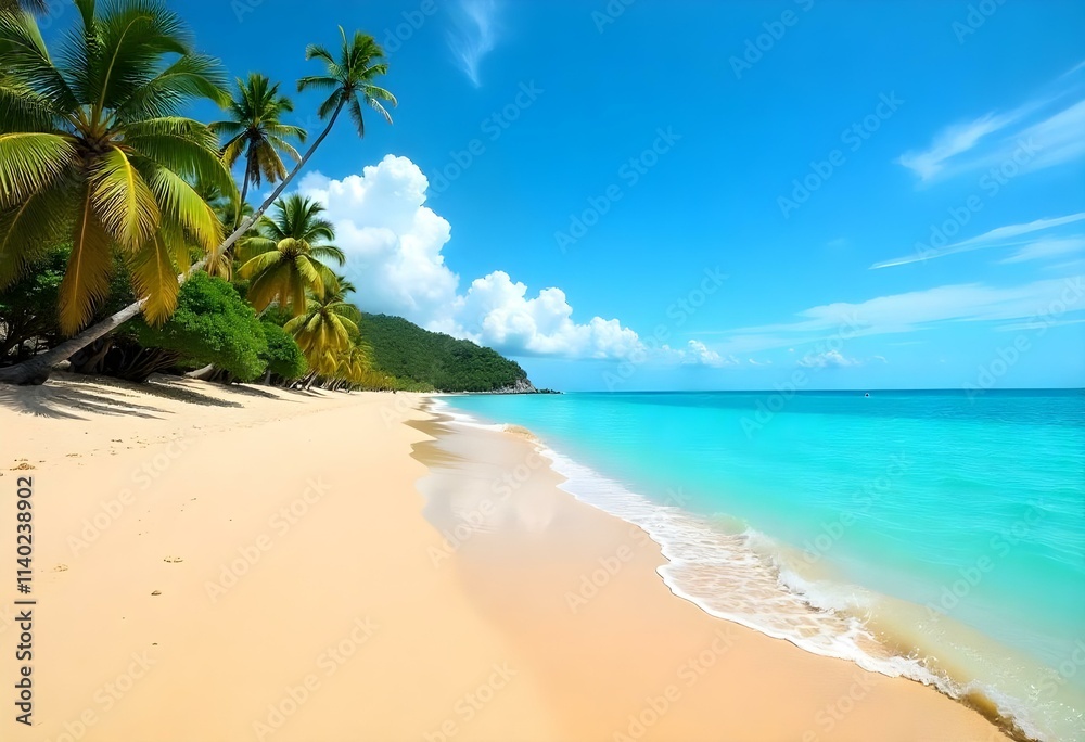 A serene beach with golden sand, calm turquoise waters, and a clear blue sky with wispy clouds A serene beach with golden sand, calm turquoise waters, and a clear blue sky with wispy clouds