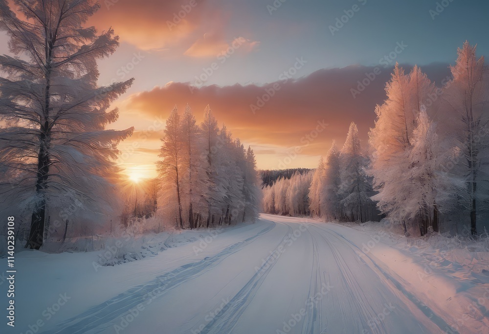 A picturesque snowy road featuring trees lining both sides of it A picturesque snowy road featuring trees lining both sides of it
