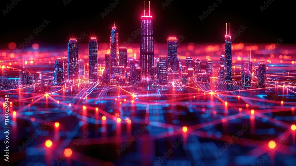 Obraz premium A futuristic cityscape illuminated with neon lights and connected by digital networks.