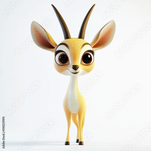 Cute hirola antelope cartoon character, 3D rendering, whimsical design, soft features, gentle copper eyes photo