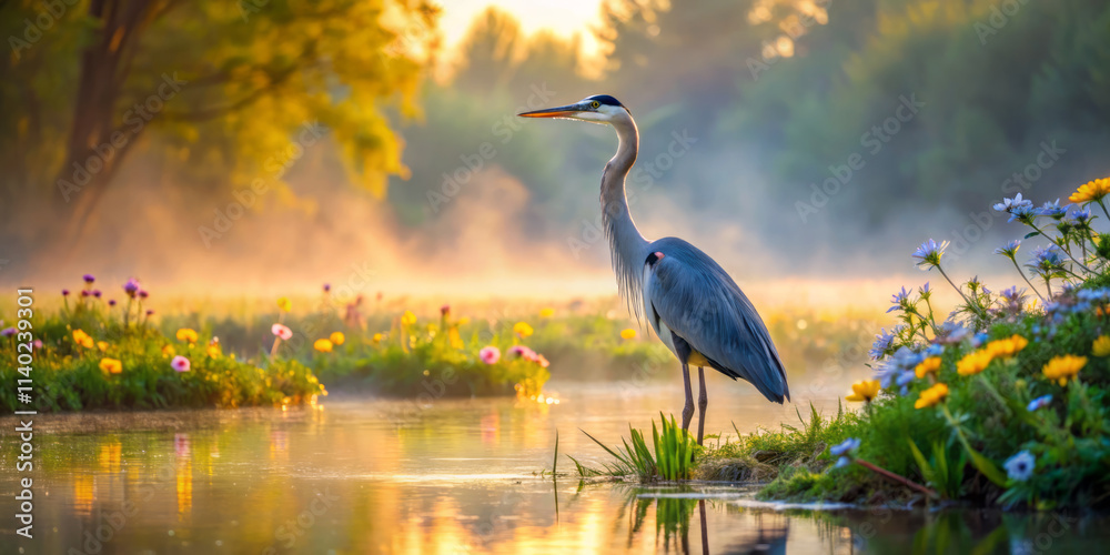 Fototapeta premium serene wetland landscape at dawn features majestic great blue heron standing gracefully by water edge, surrounded by vibrant flowers and mist