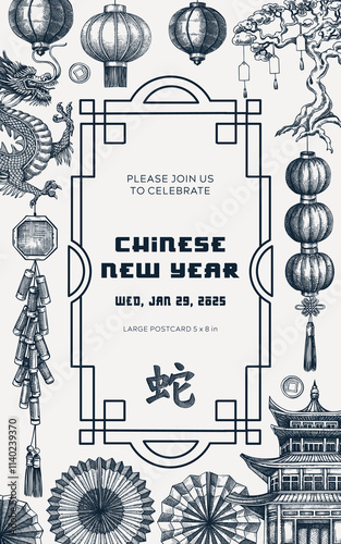 Chinese New Year postcard in Toile style. China sketches. Hand-drawn vector illustrations set. NOT AT generated