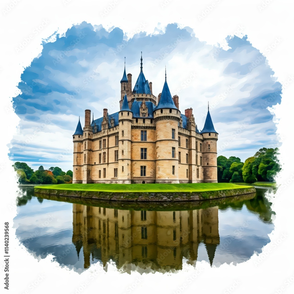 Obraz premium Castle by the Lake: A majestic castle, adorned with turrets and towers, stands proudly by a tranquil lake. The reflection of the structure in the water creates a serene and captivating scene.