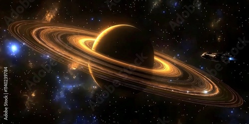 Spaceship Exploring Ringed Planet in Galaxy photo