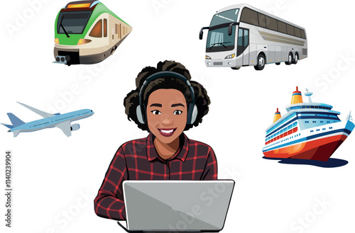 Travel agent wearing headphones and working on laptop booking airplane, train, bus and cruise ship tickets