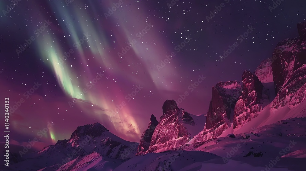 Fototapeta premium The Northern Lights shine over snow-covered mountains on a starry night.