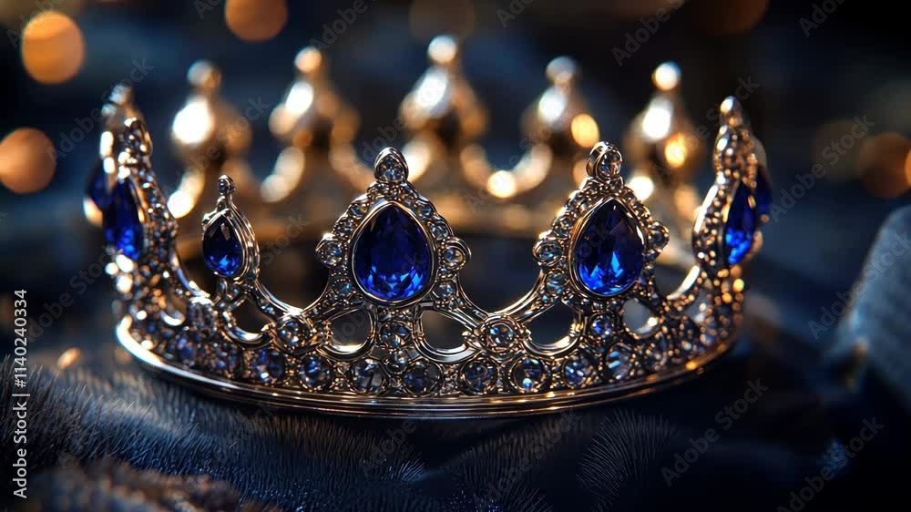 A blue and gold crown with blue stones on it