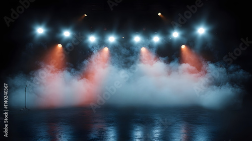Detailed AI stage lighting with colored spotlights and smoke. Concert and theatre scene in the dark.