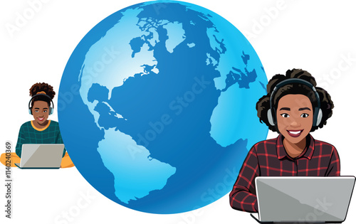 Two women working remotely with laptops and headphones, connecting globally