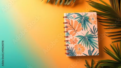 A colorful notebook surrounded by tropical leaves on a vibrant backdrop. photo