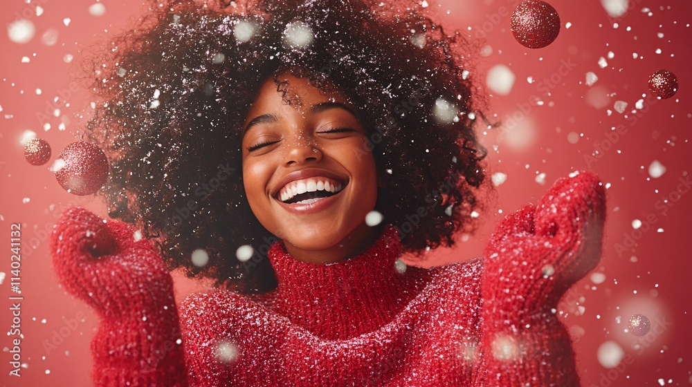 Happy woman enjoying christmas with falling snowflakes and red ornaments Happy woman enjoying christmas with falling snowflakes and red ornaments