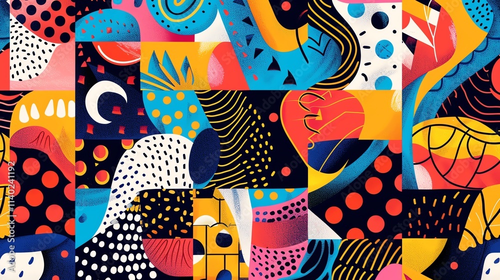 An abstract pattern made up of squares, circles, triangles, and other shapes.
