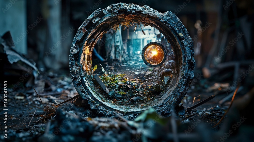 Obraz premium Industrial device carving circular fragments abandoned location photo art gritty environment close-up viewpoint