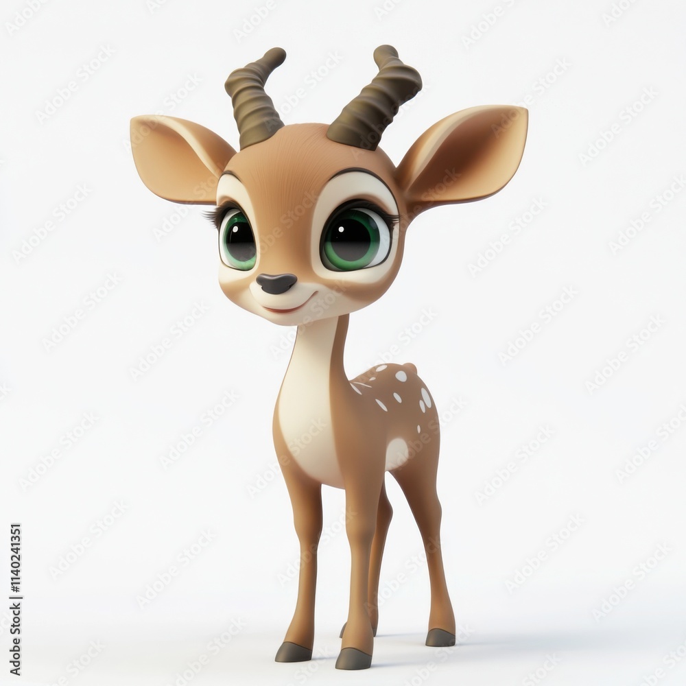 Cute lesser kudu cartoon character, 3D rendering, white background, playful style, soft textures, emerald eyes Cute lesser kudu cartoon character, 3D rendering, white background, playful style, soft textures, emerald eyes
