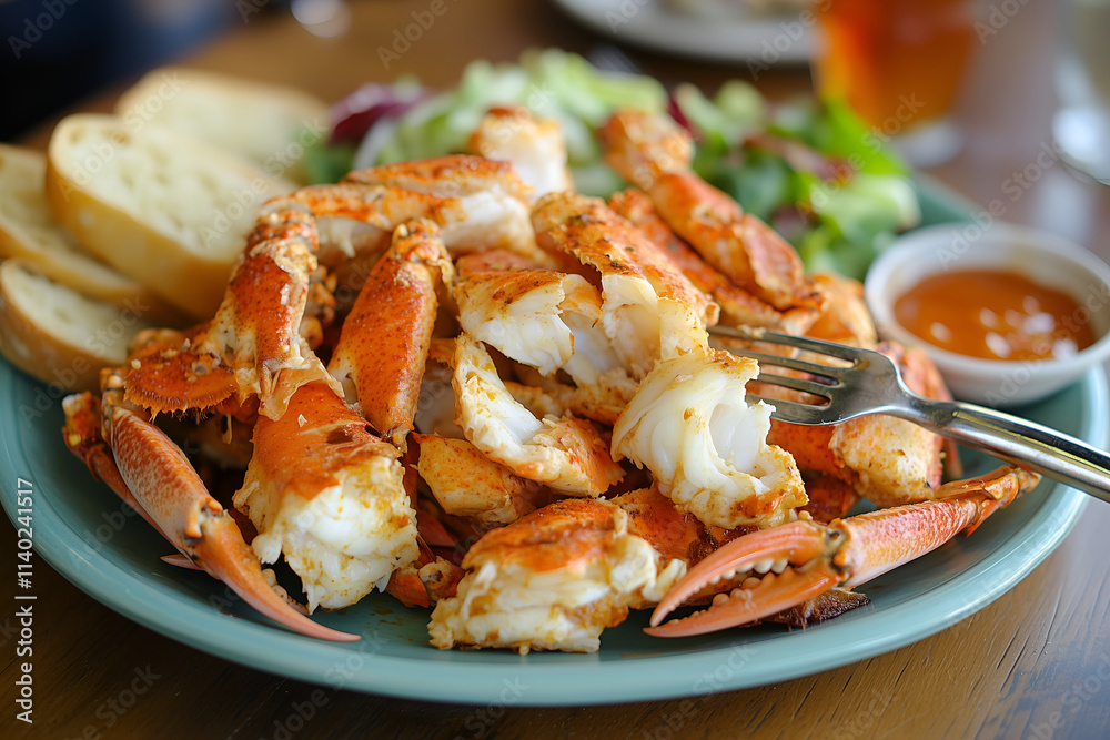 Delicious Grilled Crab Legs with Toasted Bread and Salad Delicious Grilled Crab Legs with Toasted Bread and Salad