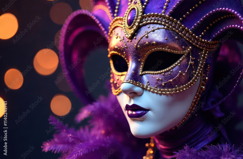 Beautiful carnival mask purple with gold is left on blurred festive background Beautiful carnival mask purple with gold is left on blurred festive background