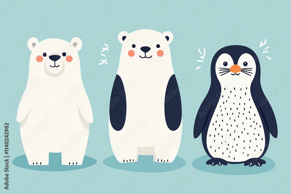 Obraz premium Playful arctic animals polar bears and penguin charm illustration
