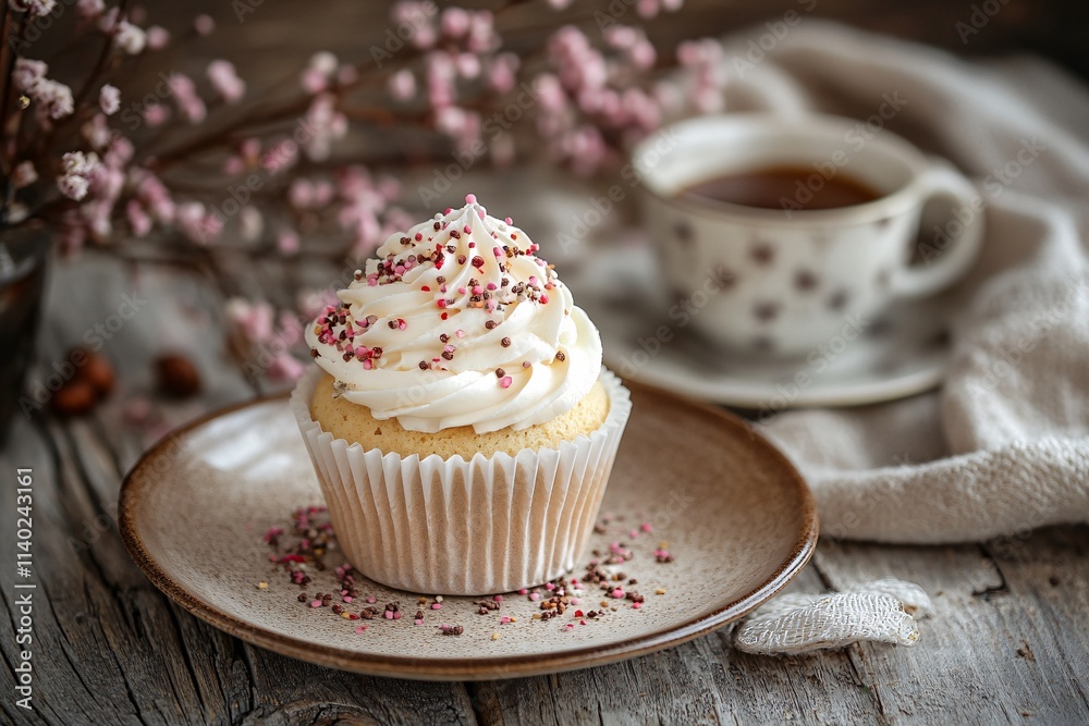 Delicious cupcake with cream and sprinkles inviting for a cozy coffee break Delicious cupcake with cream and sprinkles inviting for a cozy coffee break