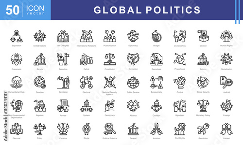 Global Politics icon set with primaries, caucus, general election, electoral college, voter turnout, swing state, political poll, public opinion, political debate, diplomacy icon.