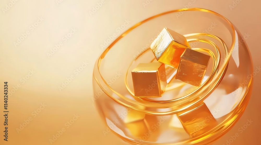 Golden cubes in a glass bowl on orange background. Golden cubes in a glass bowl on orange background.