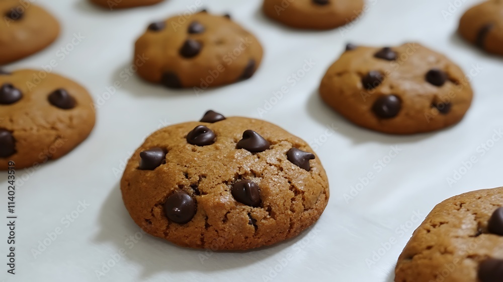 Freshly baked chocolate chip cookies on white surface Freshly baked chocolate chip cookies on white surface
