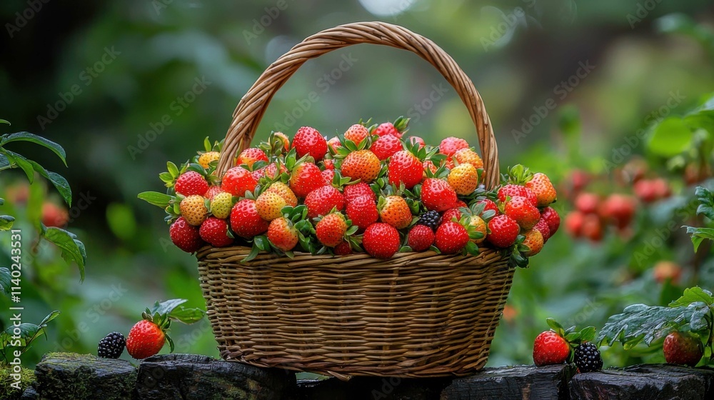 A beautiful woven basket filled with ripe strawberries of varying colors, surrounded by lush greenery, capturing the freshness of nature.