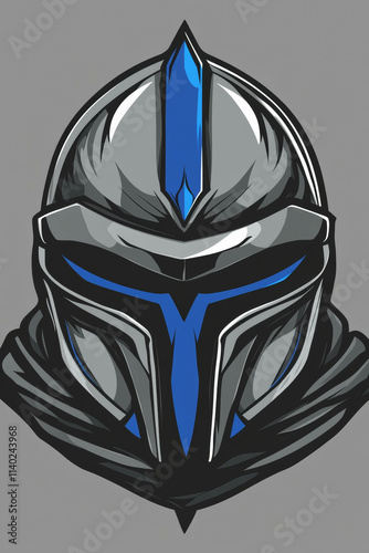 A vector-style cartoon knights helmet with blue accents and a grey background