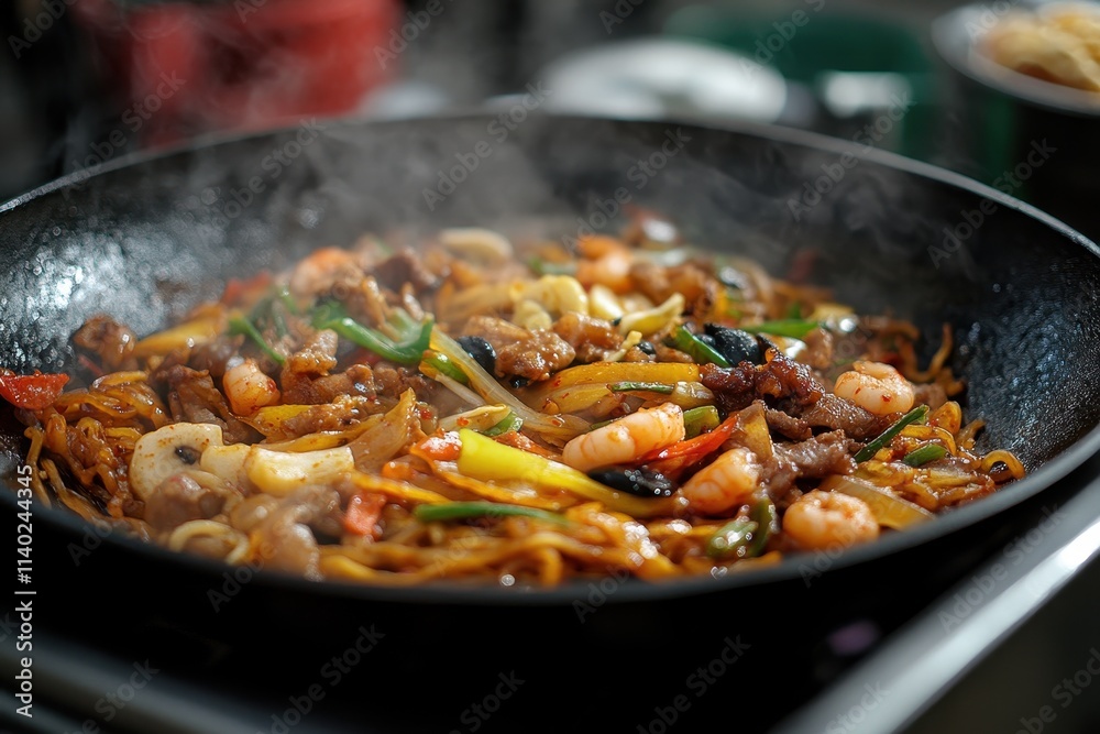 Sour sweet pork black bean noodles seafood jjamppong shrimp and Chinese cuisine Sour sweet pork black bean noodles seafood jjamppong shrimp and Chinese cuisine