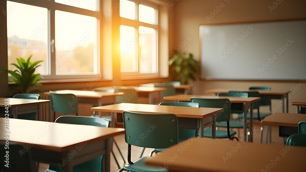 Classroom during sunset with warm light highlighting rows of empty desks Classroom during sunset with warm light highlighting rows of empty desks