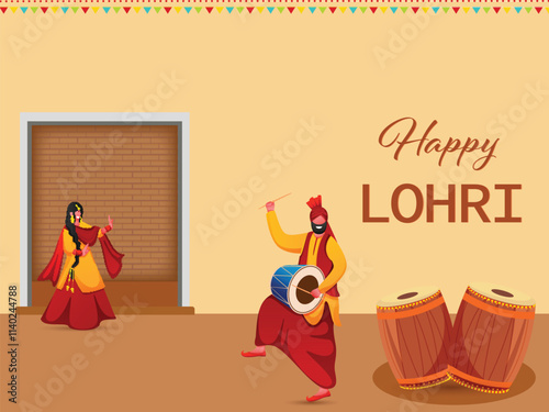 Cartoon Punjabi Couple Doing Bhangra Dance with Dhol Instrument on the Occasion of Happy Lohri.