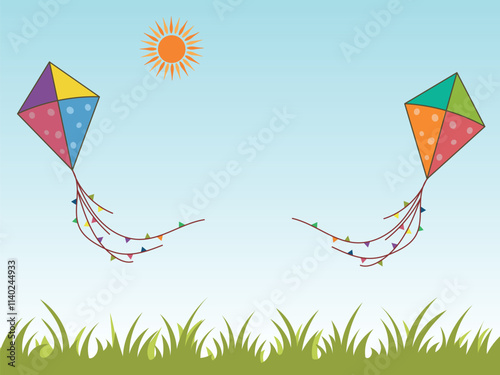 Colorful Kites and Sun on Grass Background for Happy Makar Sankranti Concept.